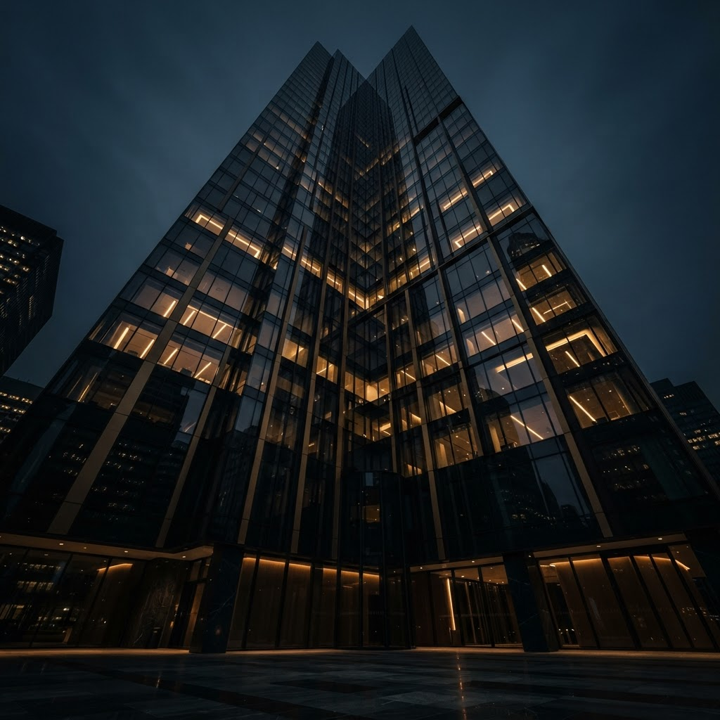 Modern glass tower facade at dusk, symbolizing institutional capital